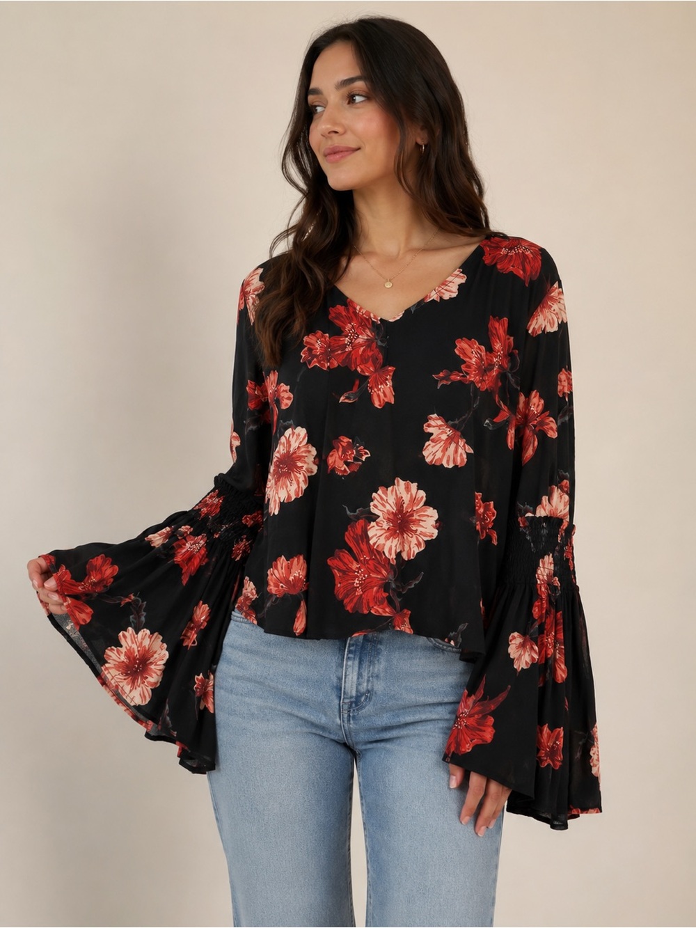 Leith Black Floral Bell-Sleeve V-Neck Top